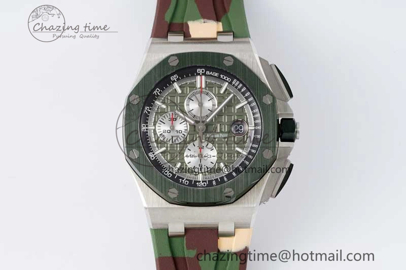 Royal Oak Offshore 44mm SS Green Ceramic Bezel APF 1:1 Best Edition Green Silver Dial on Camo Rubber Strap A3126