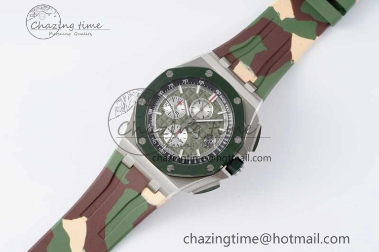 Royal Oak Offshore 44mm SS Green Ceramic Bezel APF 1:1 Best Edition Green Silver Dial on Camo Rubber Strap A3126