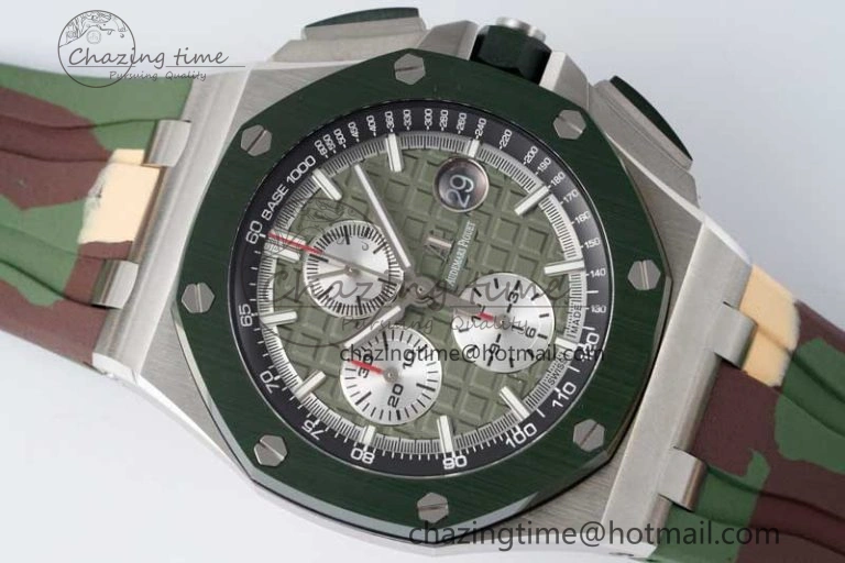 Royal Oak Offshore 44mm SS Green Ceramic Bezel APF 1:1 Best Edition Green Silver Dial on Camo Rubber Strap A3126