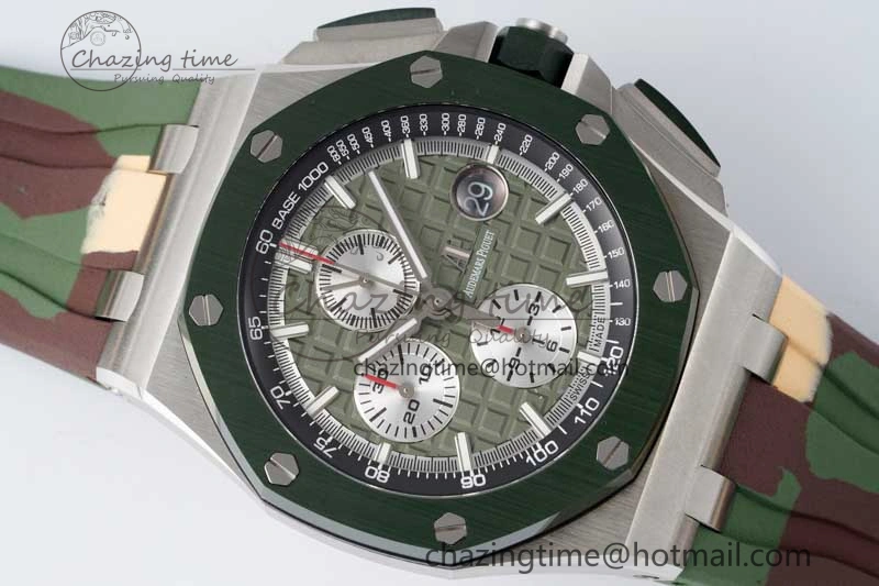 Royal Oak Offshore 44mm SS Green Ceramic Bezel APF 1:1 Best Edition Green Silver Dial on Camo Rubber Strap A3126