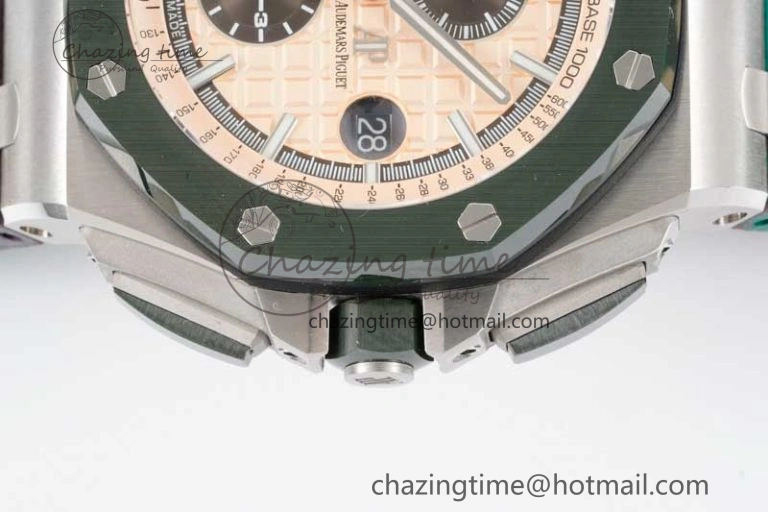 Royal Oak Offshore 44mm SS Green Ceramic Bezel JJF 1:1 Best Edition Cream Dial on Rubber Strap A3126 V2