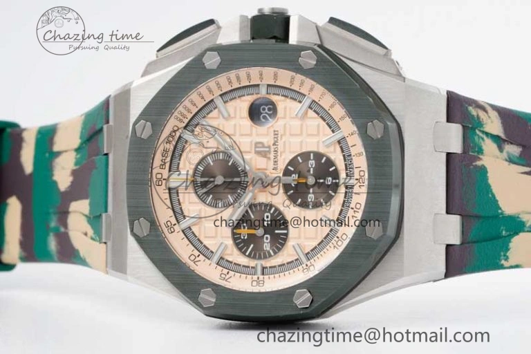Royal Oak Offshore 44mm SS Green Ceramic Bezel JJF 1:1 Best Edition Cream Dial on Rubber Strap A3126 V2
