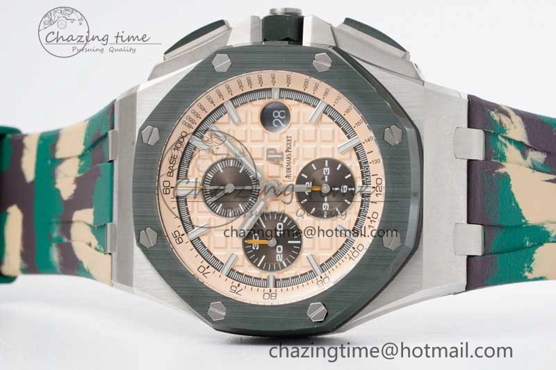 Royal Oak Offshore 44mm SS Green Ceramic Bezel JJF 1:1 Best Edition Cream Dial on Rubber Strap A3126 V2