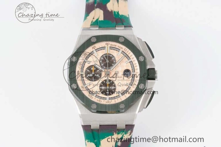 Royal Oak Offshore 44mm SS Green Ceramic Bezel JJF 1:1 Best Edition Cream Dial on Rubber Strap A3126 V2