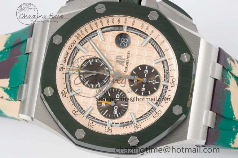 Royal Oak Offshore 44mm SS Green Ceramic Bezel JJF 1:1 Best Edition Cream Dial on Rubber Strap A3126 V2