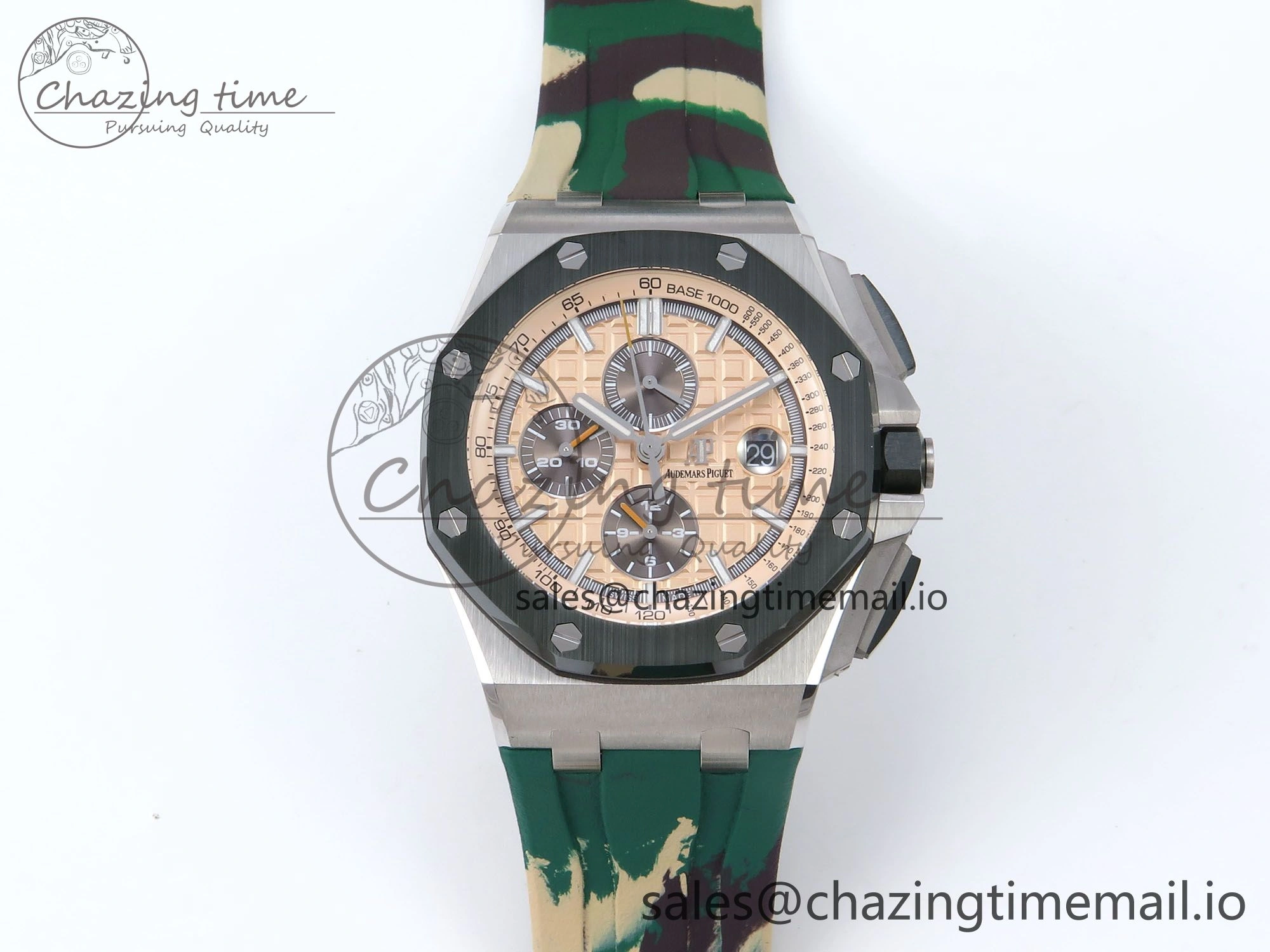 Royal Oak Offshore 44mm SS TKF 1:1 Best Edition Cream Dial on Green Camou Rubber Strap A3126