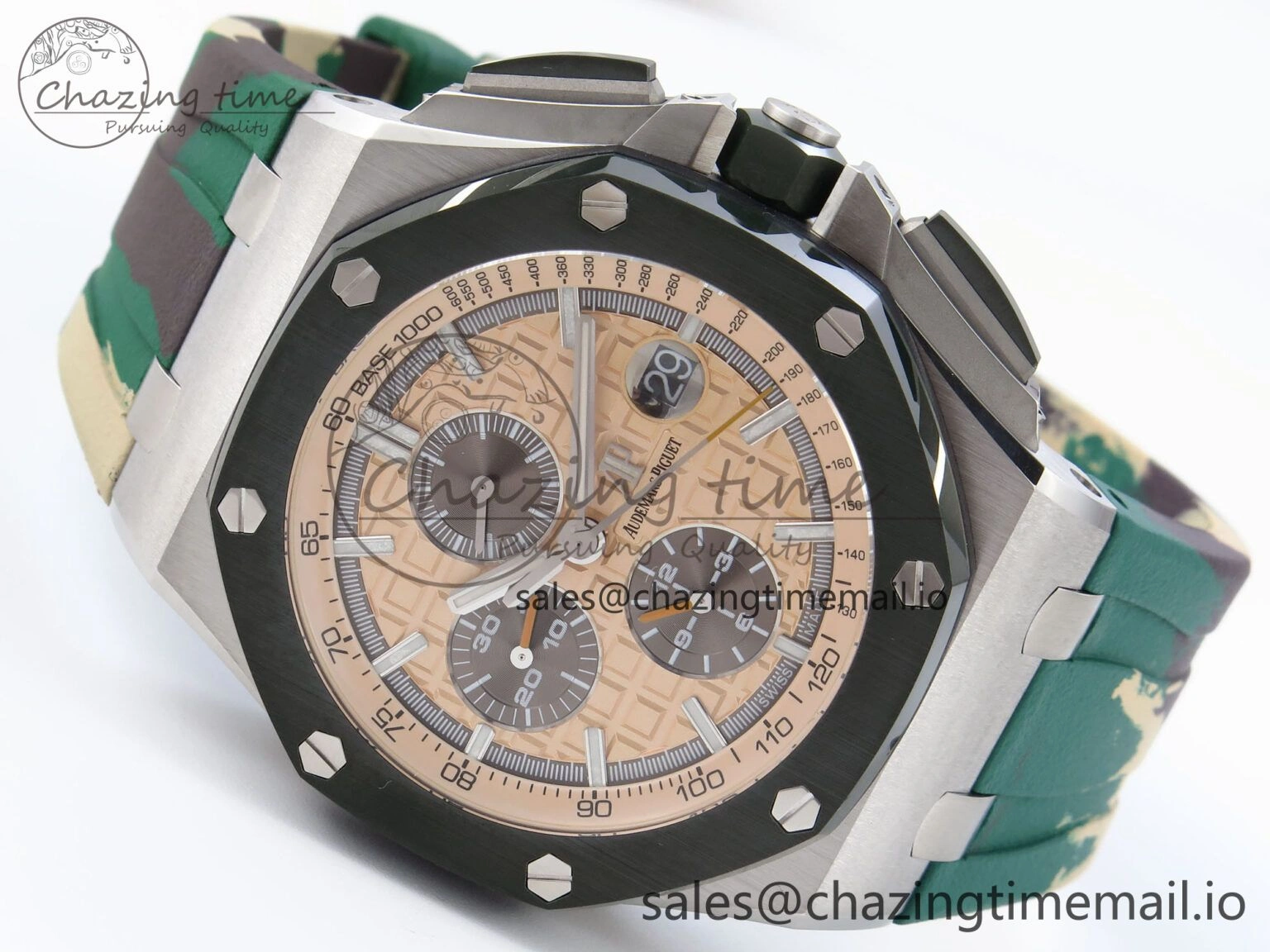Royal Oak Offshore 44mm SS TKF 1:1 Best Edition Cream Dial on Green Camou Rubber Strap A3126