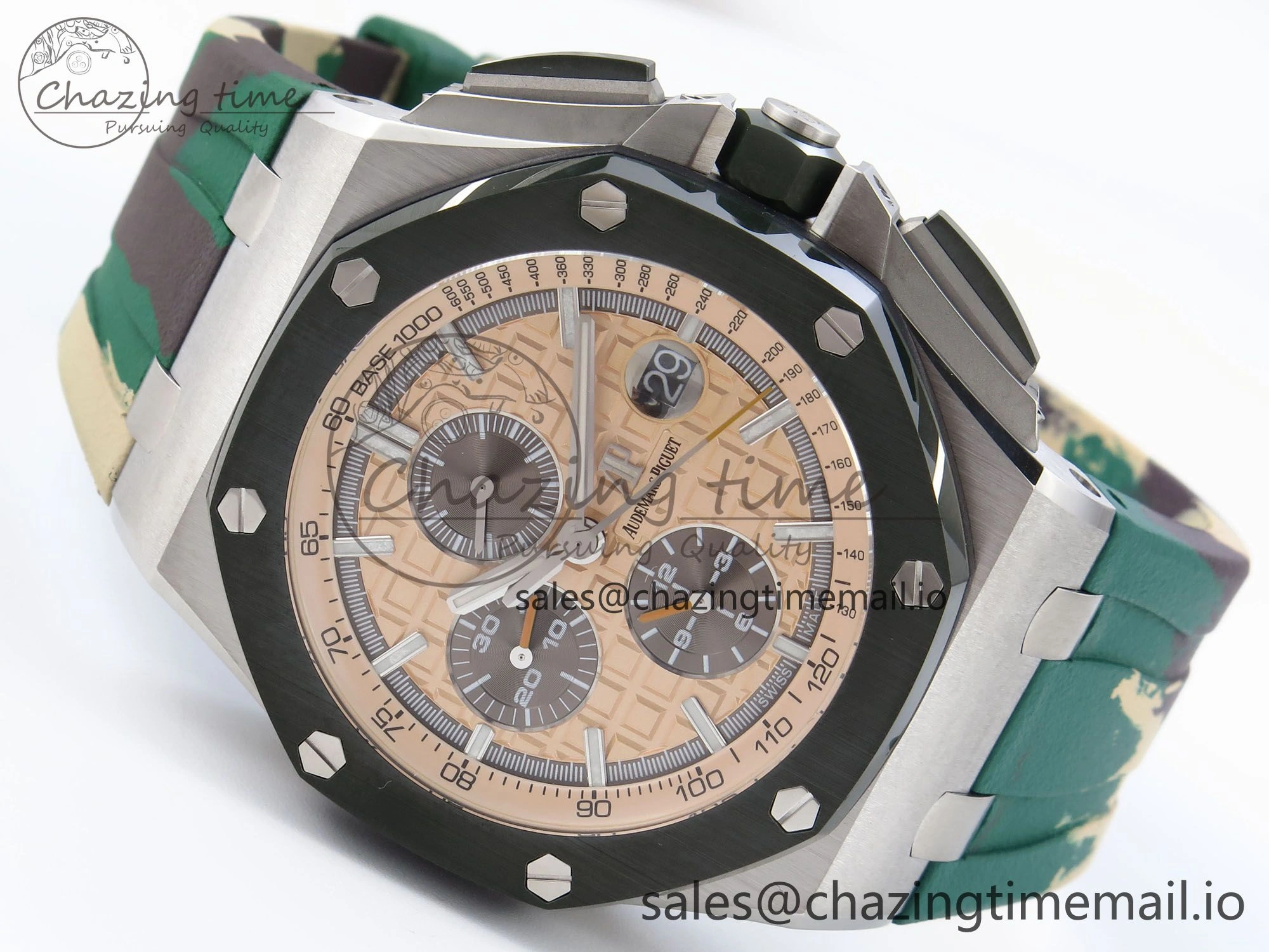 Royal Oak Offshore 44mm SS TKF 1:1 Best Edition Cream Dial on Green Camou Rubber Strap A3126