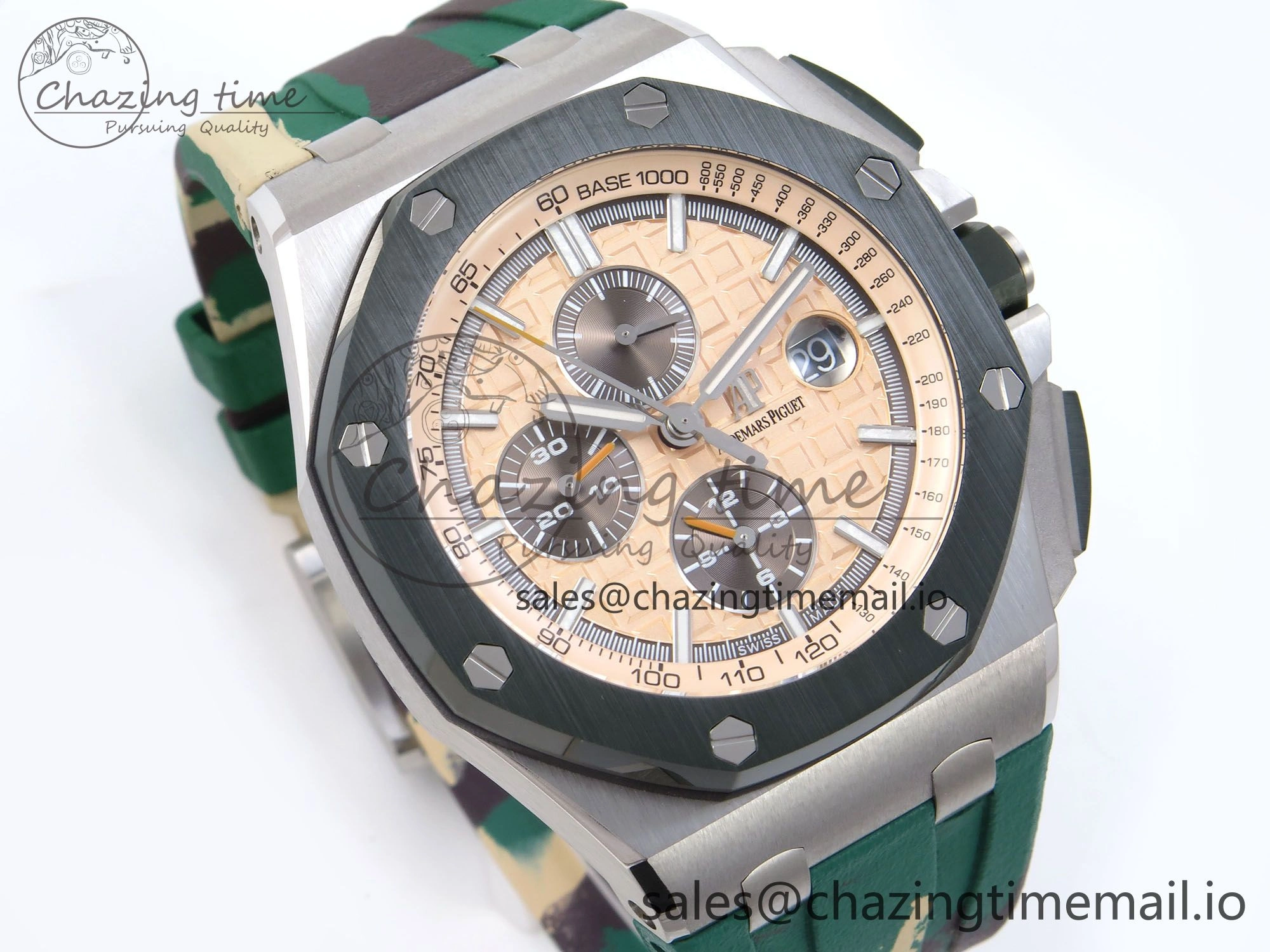 Royal Oak Offshore 44mm SS TKF 1:1 Best Edition Cream Dial on Green Camou Rubber Strap A3126
