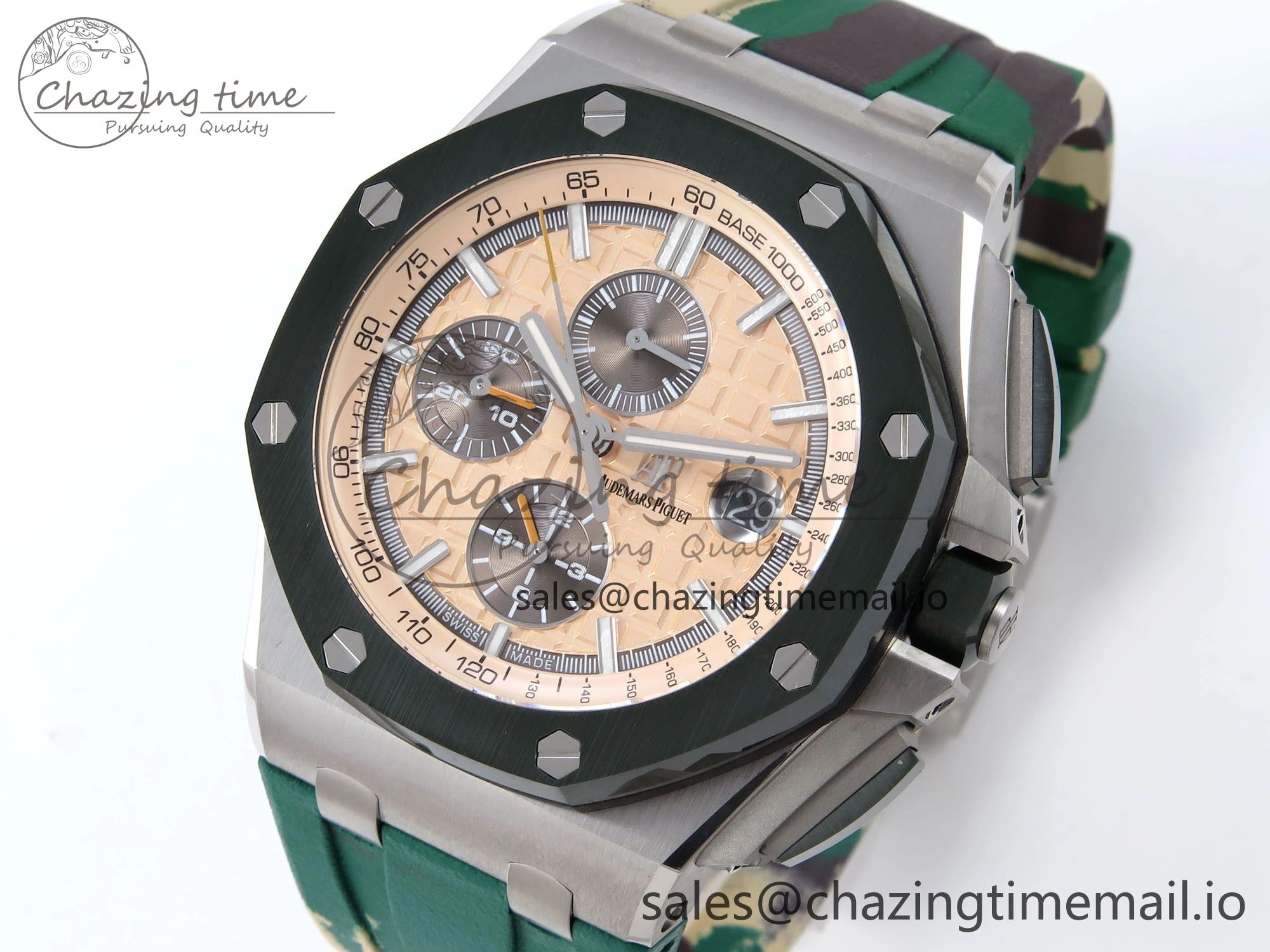 Royal Oak Offshore 44mm SS TKF 1:1 Best Edition Cream Dial on Green Camou Rubber Strap A3126