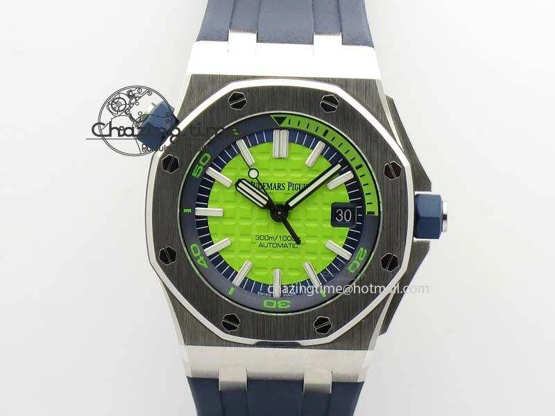 Royal Oak Offshore Diver 2017 Green 15710 JF 1:1 Best Edition On Blue Rubber Strap A3120 (Free XS Rubber Strap)