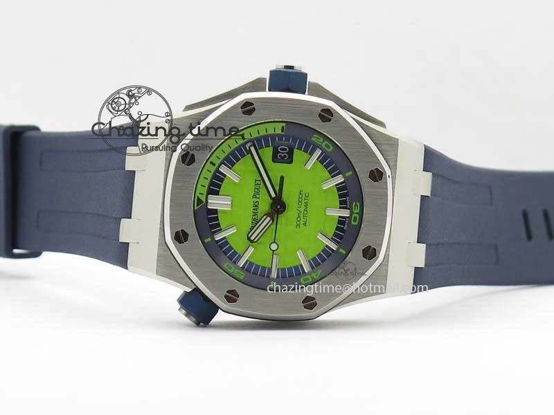 Royal Oak Offshore Diver 2017 Green 15710 JF 1:1 Best Edition On Blue Rubber Strap A3120 (Free XS Rubber Strap)