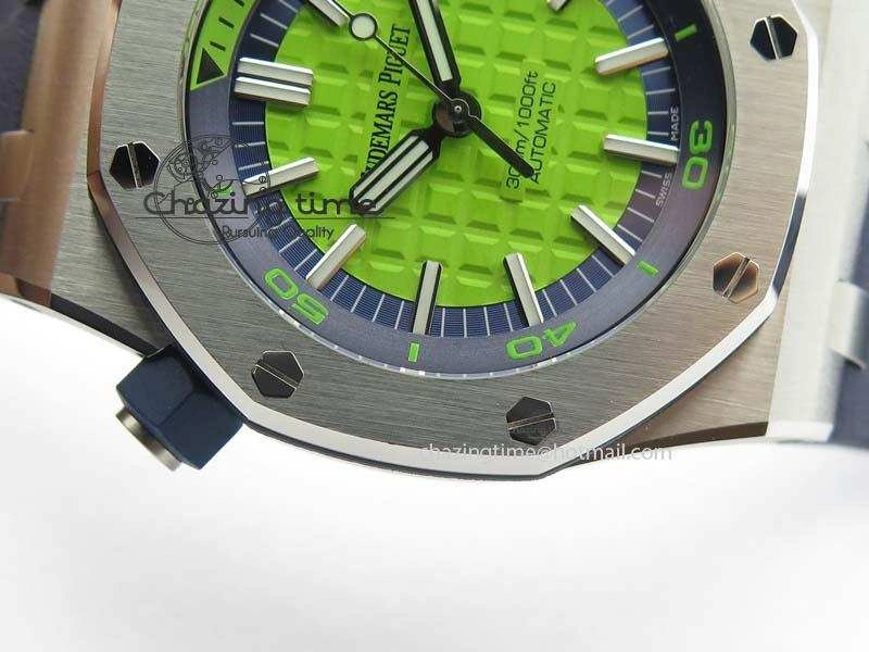 Royal Oak Offshore Diver 2017 Green 15710 JF 1:1 Best Edition On Blue Rubber Strap A3120 (Free XS Rubber Strap)