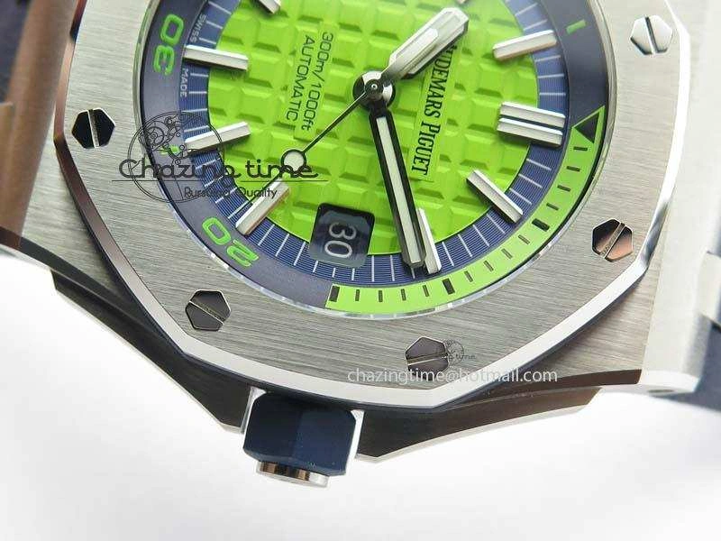 Royal Oak Offshore Diver 2017 Green 15710 JF 1:1 Best Edition On Blue Rubber Strap A3120 (Free XS Rubber Strap)