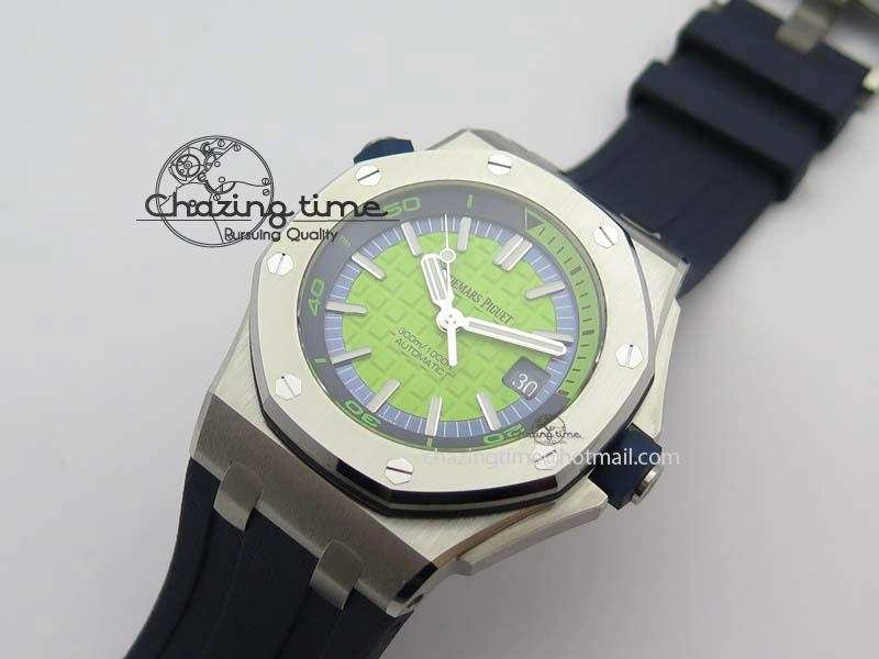 Royal Oak Offshore Diver 2017 Green 15710 JF 1:1 Best Edition On Blue Rubber Strap A3120 (Free XS Rubber Strap)