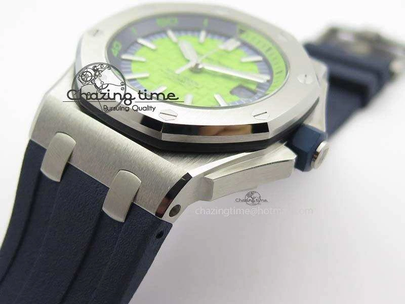 Royal Oak Offshore Diver 2017 Green 15710 JF 1:1 Best Edition On Blue Rubber Strap A3120 (Free XS Rubber Strap)