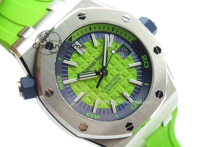 Royal Oak Offshore Diver 2017 Green 15710 JF 1:1 Best Edition On XS Rubber Strap A3120 (Free Rubber Strap)