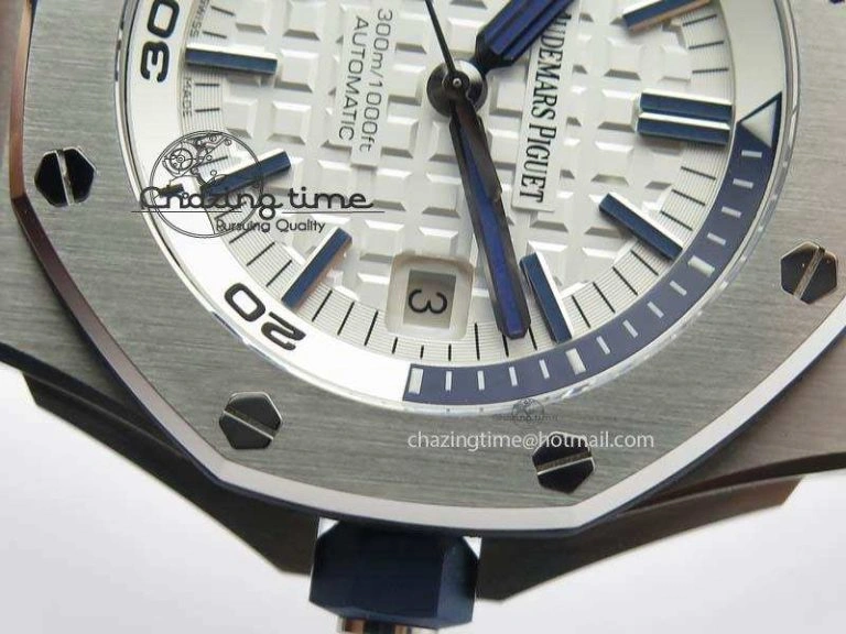 Royal Oak Offshore Diver 2017 White 15710 JF 1:1 Best Edition On Blue Rubber Strap A3120 (Free XS Rubber Strap)