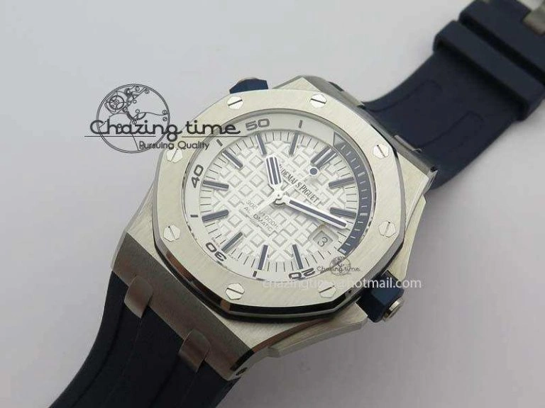 Royal Oak Offshore Diver 2017 White 15710 JF 1:1 Best Edition On Blue Rubber Strap A3120 (Free XS Rubber Strap)