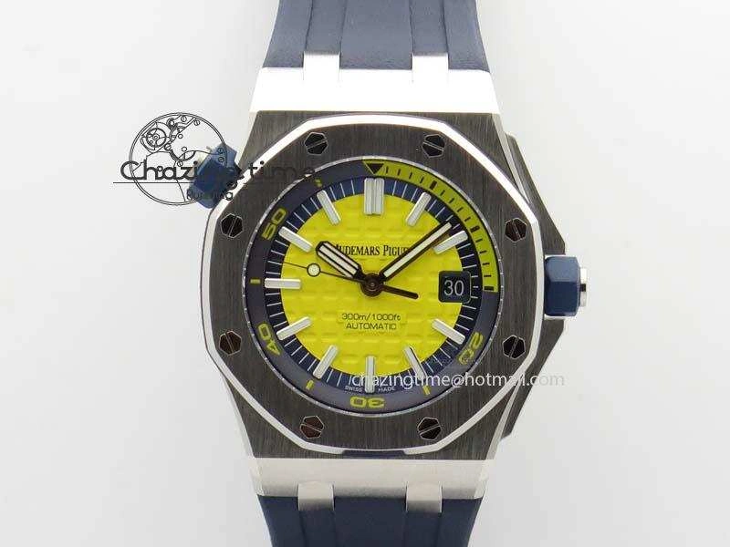 Royal Oak Offshore Diver 2017 Yellow 15710 JF 1:1 Best Edition On Blue Rubber Strap A3120 (Free XS Rubber Strap)
