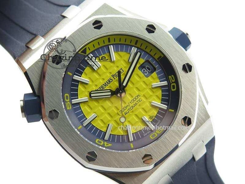 Royal Oak Offshore Diver 2017 Yellow 15710 JF 1:1 Best Edition On Blue Rubber Strap A3120 (Free XS Rubber Strap)
