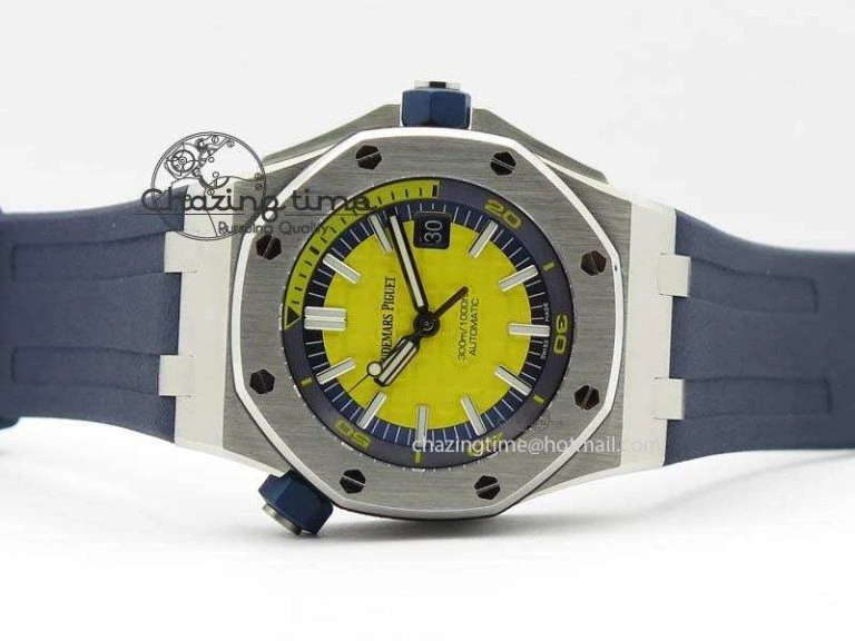 Royal Oak Offshore Diver 2017 Yellow 15710 JF 1:1 Best Edition On Blue Rubber Strap A3120 (Free XS Rubber Strap)