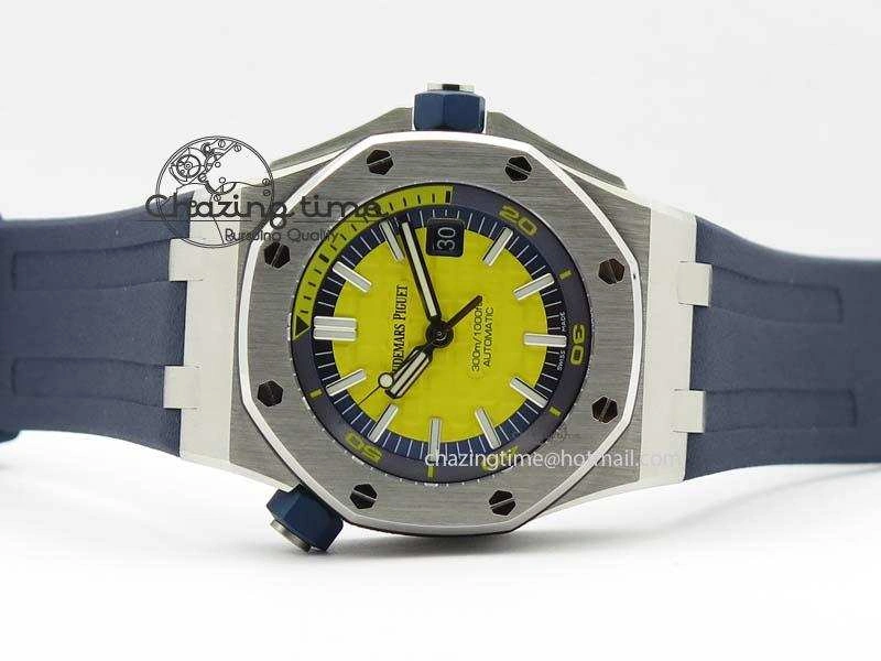 Royal Oak Offshore Diver 2017 Yellow 15710 JF 1:1 Best Edition On Blue Rubber Strap A3120 (Free XS Rubber Strap)