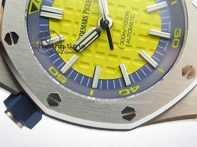 Royal Oak Offshore Diver 2017 Yellow 15710 JF 1:1 Best Edition On Blue Rubber Strap A3120 (Free XS Rubber Strap)