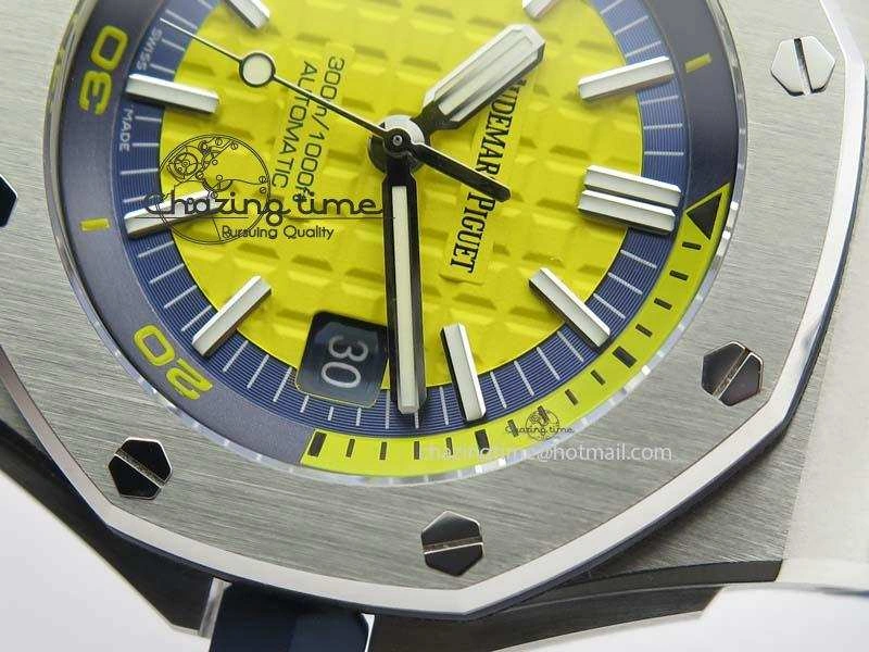 Royal Oak Offshore Diver 2017 Yellow 15710 JF 1:1 Best Edition On Blue Rubber Strap A3120 (Free XS Rubber Strap)