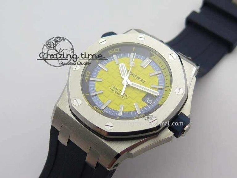 Royal Oak Offshore Diver 2017 Yellow 15710 JF 1:1 Best Edition On Blue Rubber Strap A3120 (Free XS Rubber Strap)