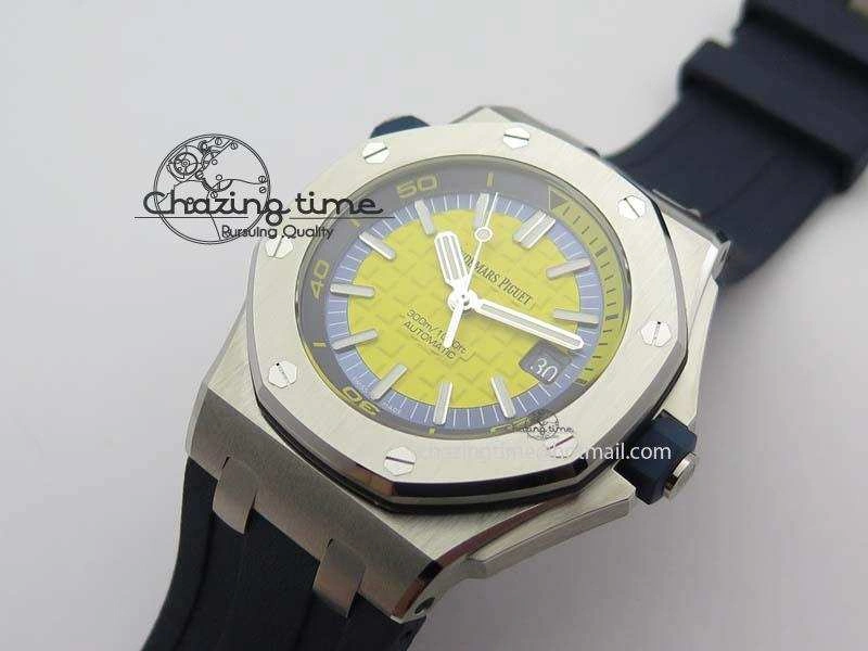 Royal Oak Offshore Diver 2017 Yellow 15710 JF 1:1 Best Edition On Blue Rubber Strap A3120 (Free XS Rubber Strap)