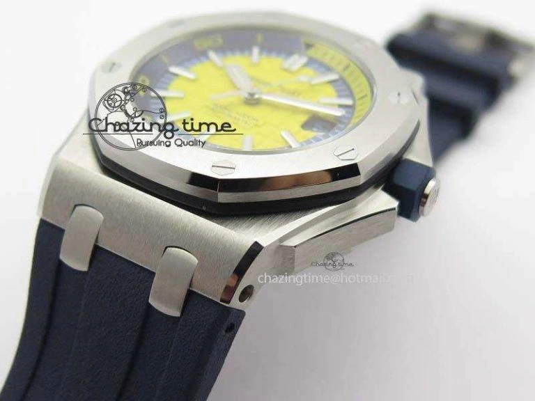 Royal Oak Offshore Diver 2017 Yellow 15710 JF 1:1 Best Edition On Blue Rubber Strap A3120 (Free XS Rubber Strap)