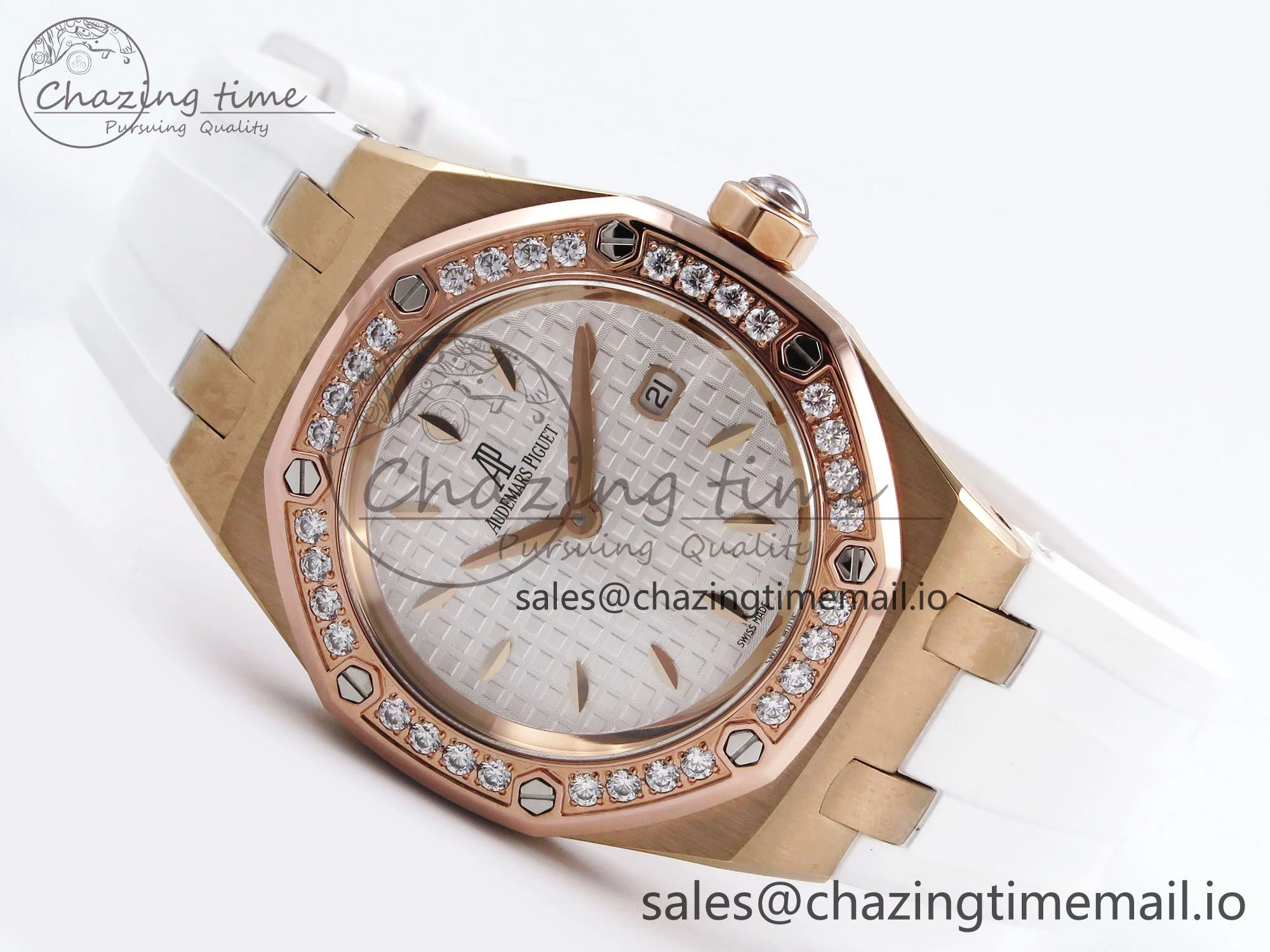 Royal Oak Offshore Ladies 33mm RG DRF Best Edition White Dial Diamonds Bezel on White Rubber Strap ETA Quartz