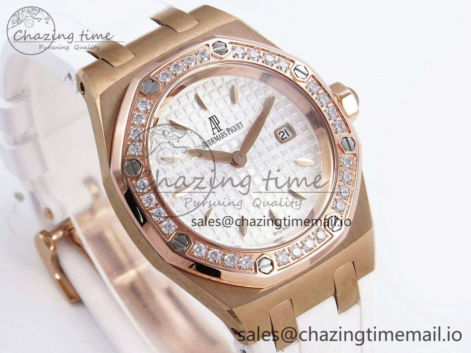 Royal Oak Offshore Ladies 33mm RG DRF Best Edition White Dial Diamonds Bezel on White Rubber Strap ETA Quartz