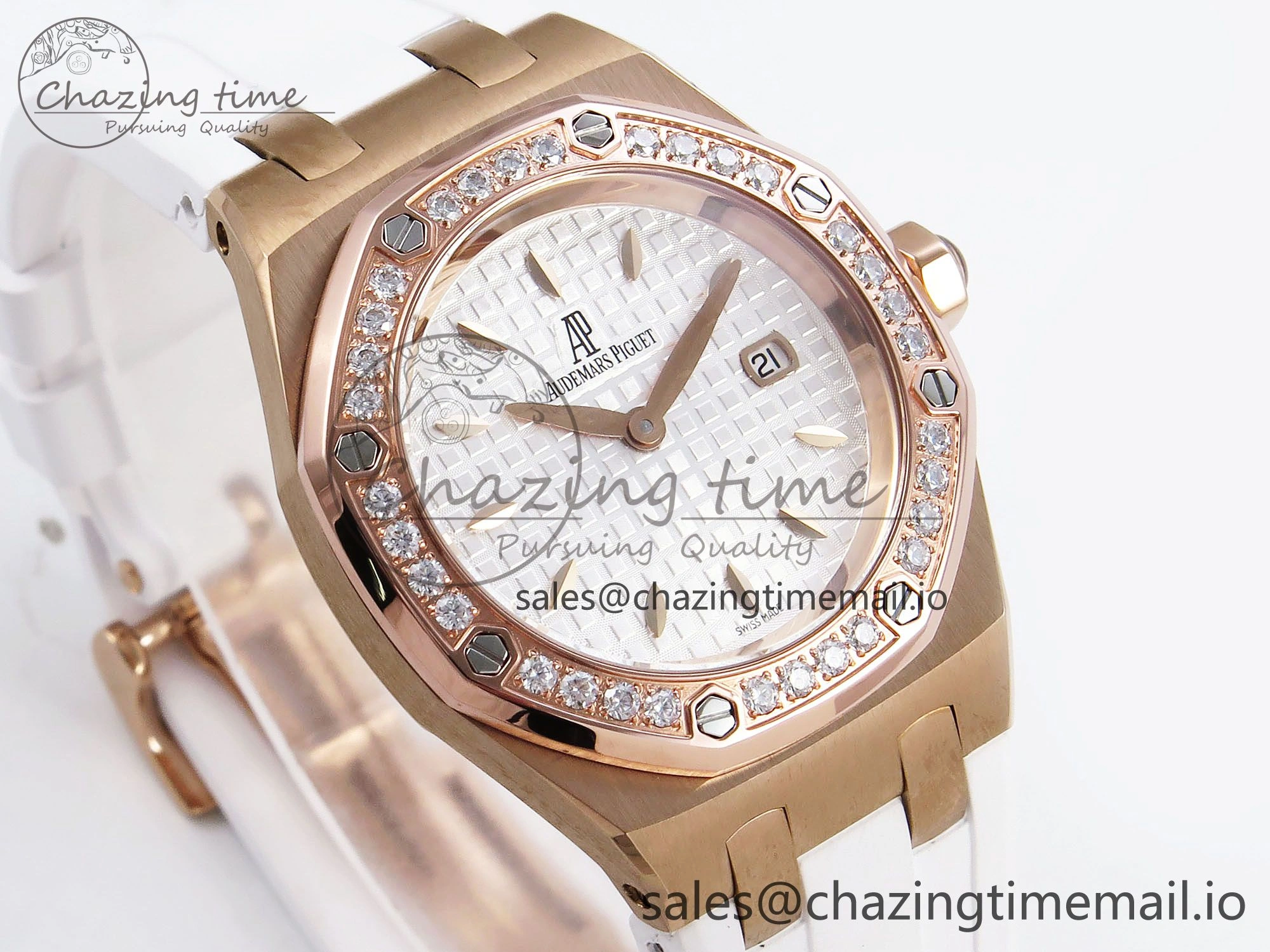 Royal Oak Offshore Ladies 33mm RG DRF Best Edition White Dial Diamonds Bezel on White Rubber Strap ETA Quartz