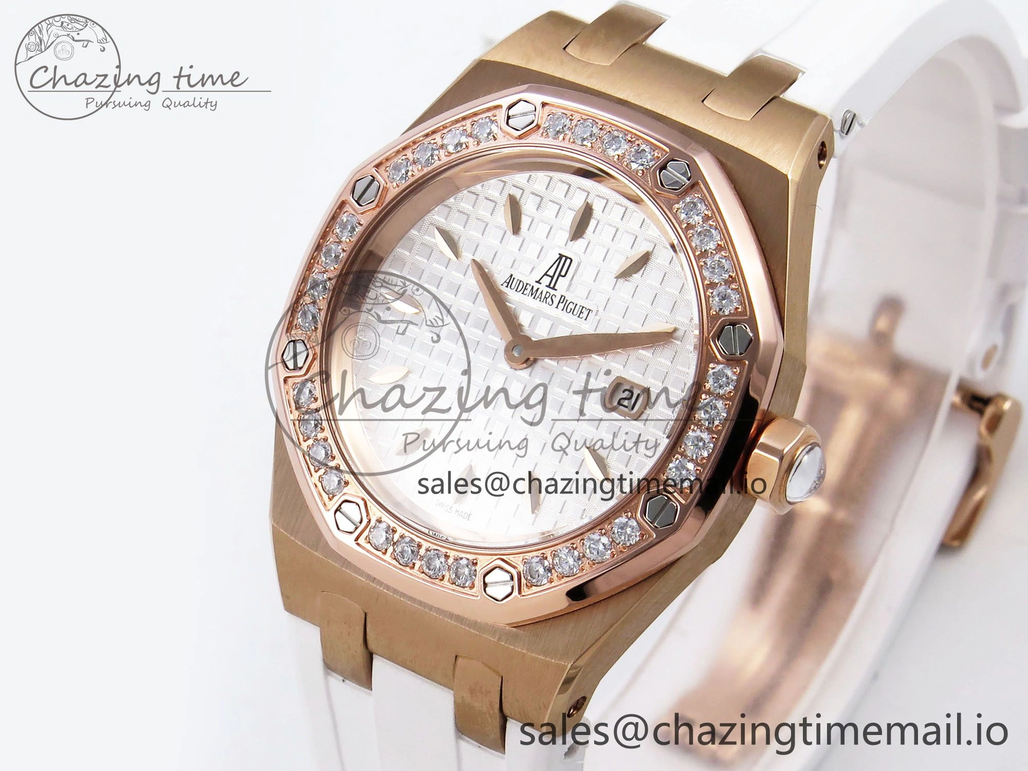Royal Oak Offshore Ladies 33mm RG DRF Best Edition White Dial Diamonds Bezel on White Rubber Strap ETA Quartz