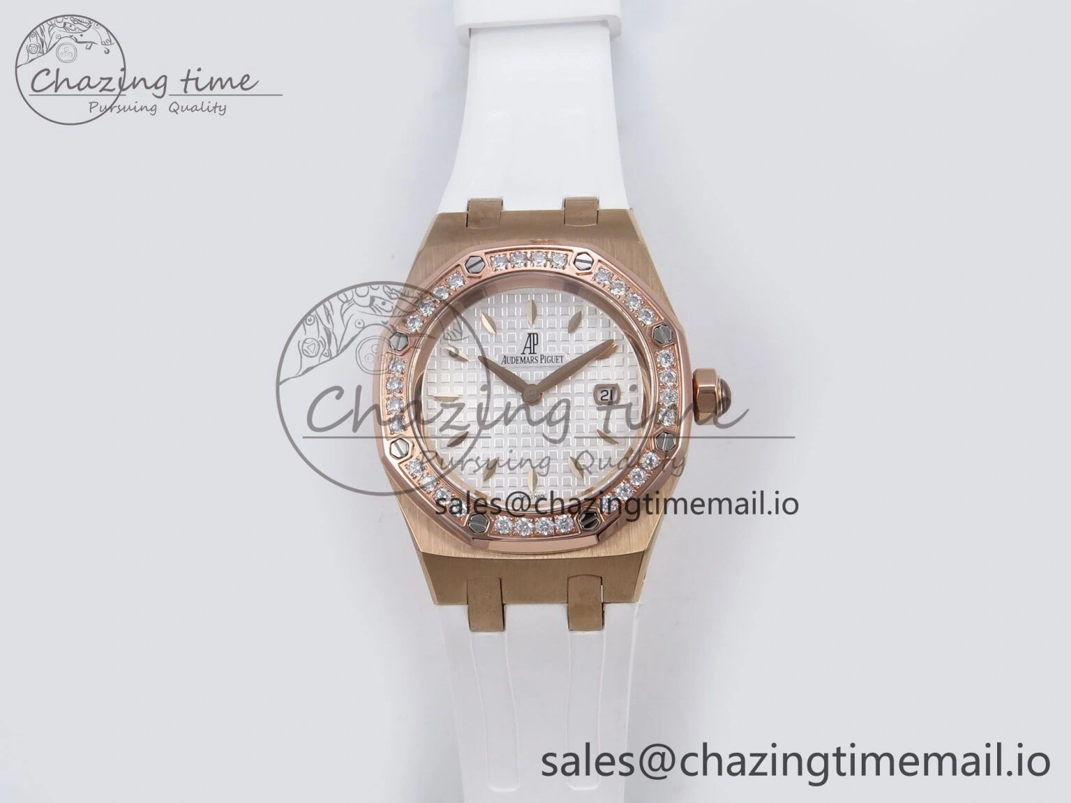 Royal Oak Offshore Ladies 33mm RG DRF Best Edition White Dial Diamonds Bezel on White Rubber Strap ETA Quartz