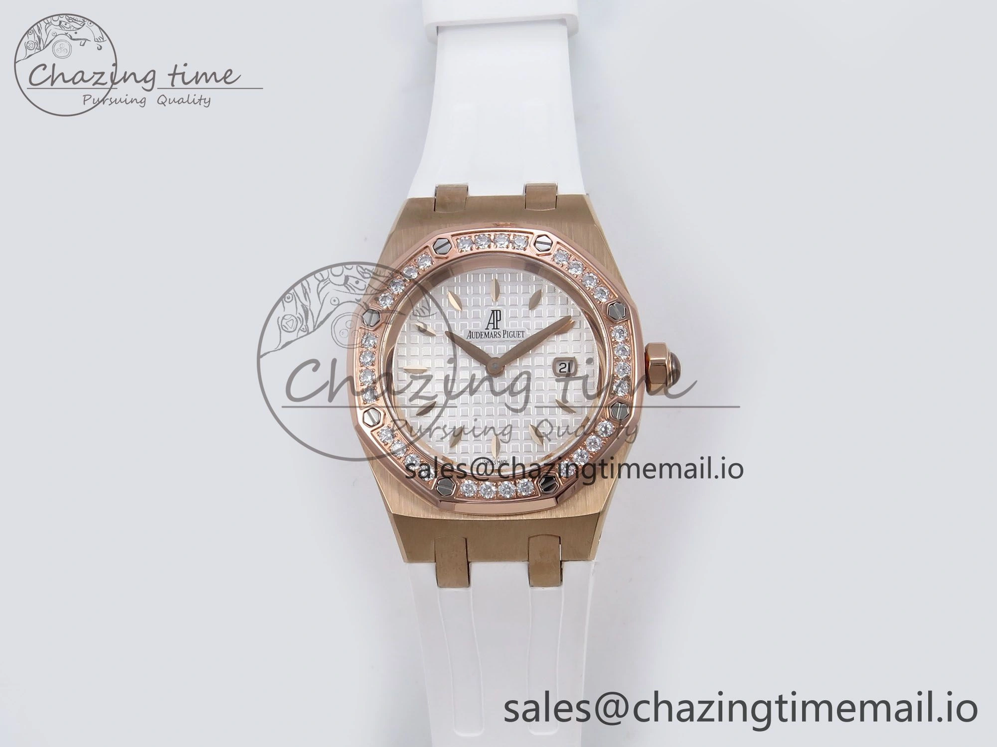 Royal Oak Offshore Ladies 33mm RG DRF Best Edition White Dial Diamonds Bezel on White Rubber Strap ETA Quartz