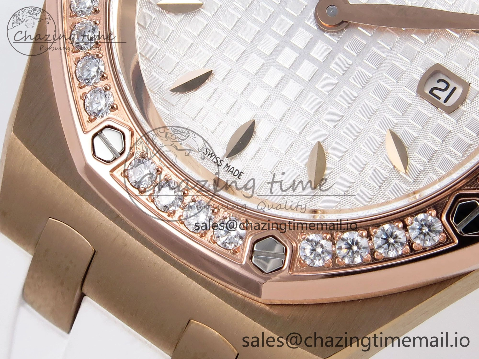 Royal Oak Offshore Ladies 33mm RG DRF Best Edition White Dial Diamonds Bezel on White Rubber Strap ETA Quartz