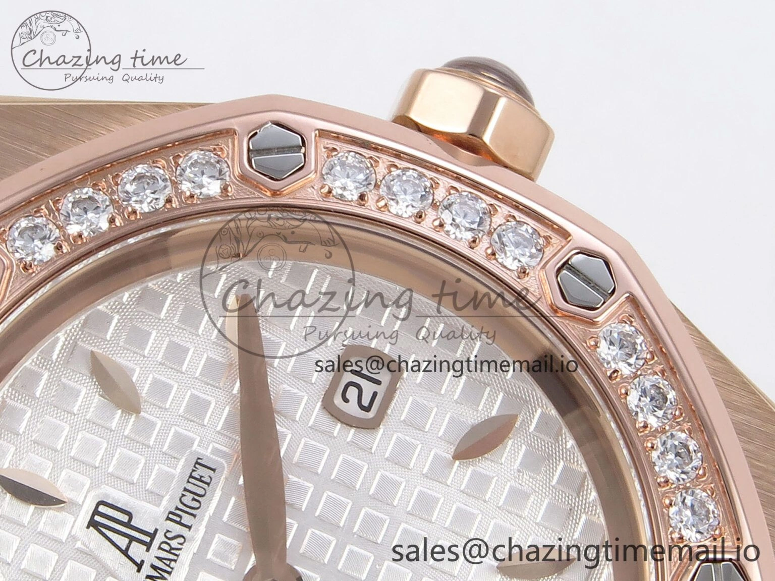 Royal Oak Offshore Ladies 33mm RG DRF Best Edition White Dial Diamonds Bezel on White Rubber Strap ETA Quartz