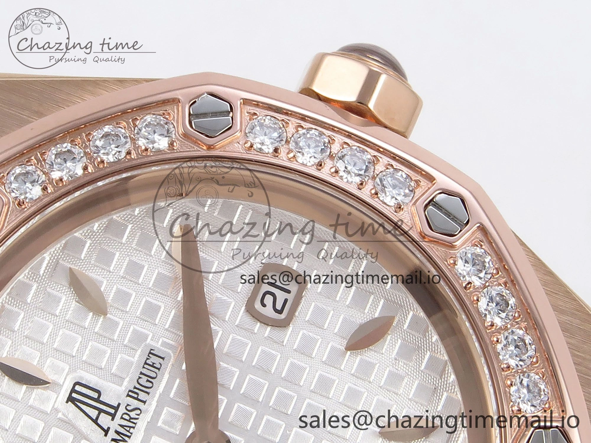 Royal Oak Offshore Ladies 33mm RG DRF Best Edition White Dial Diamonds Bezel on White Rubber Strap ETA Quartz