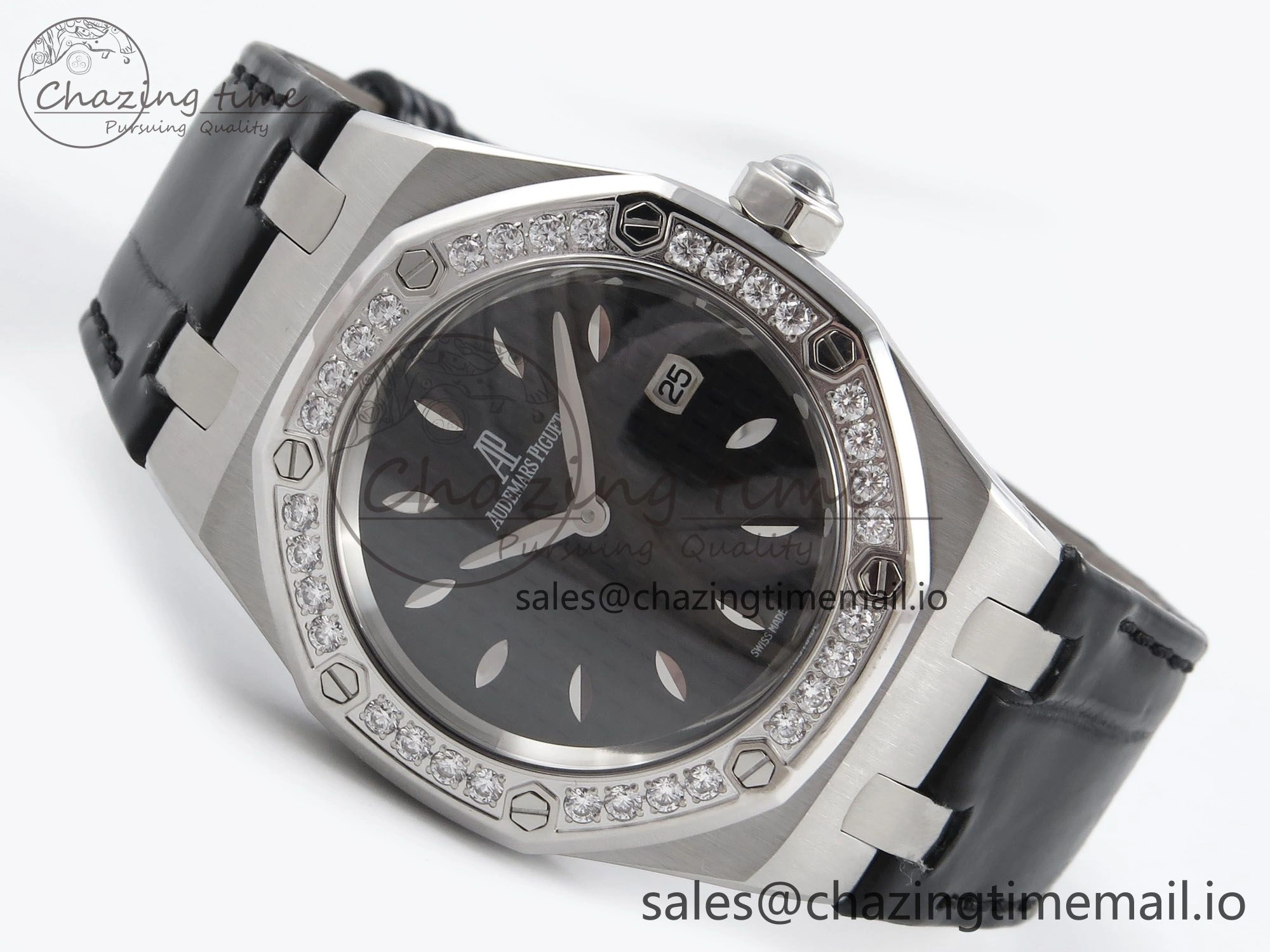 Royal Oak Offshore Ladies 33mm SS DRF Best Edition Black Dial Diamonds Bezel on Black Leather Strap ETA Quartz