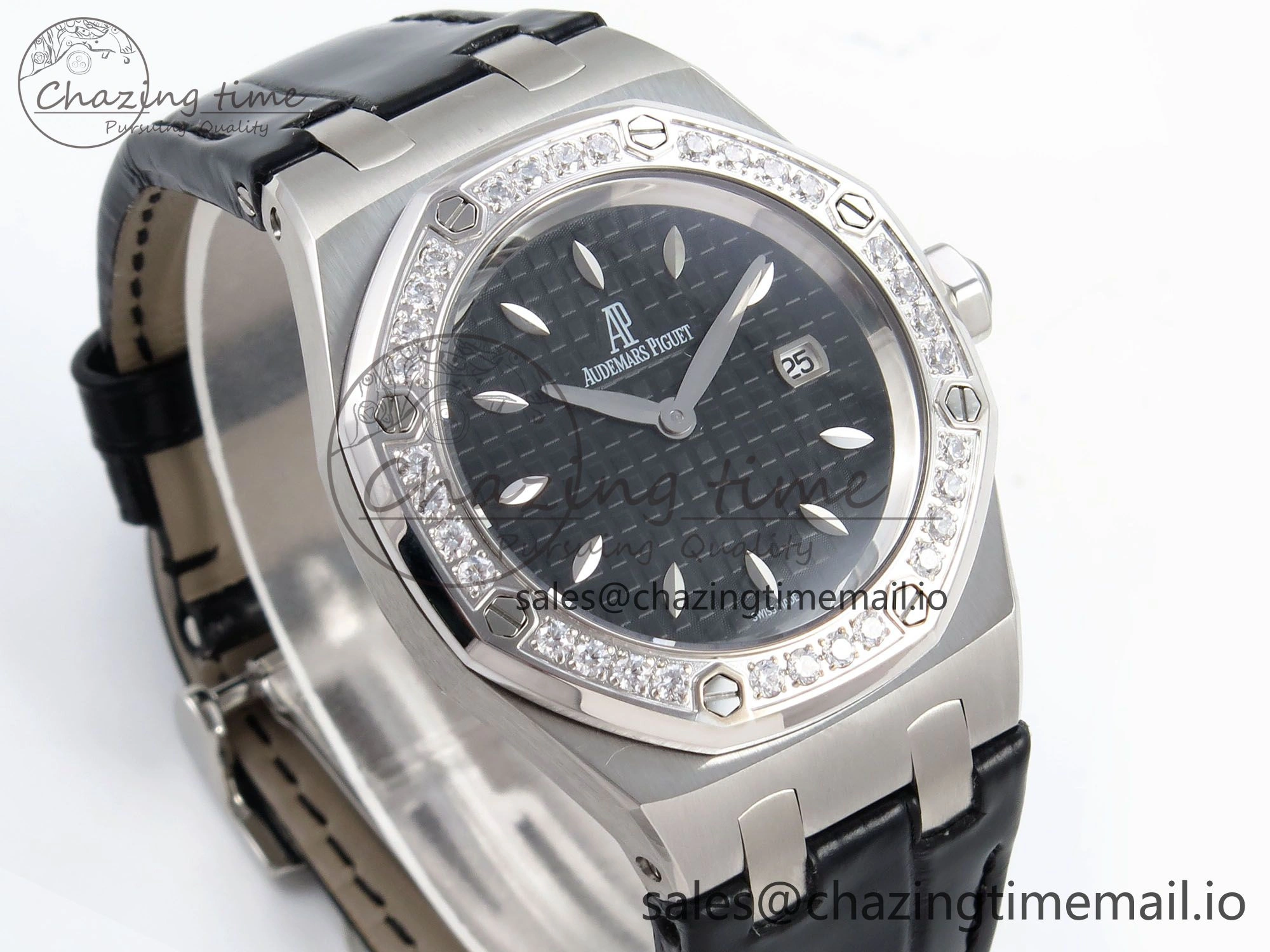 Royal Oak Offshore Ladies 33mm SS DRF Best Edition Black Dial Diamonds Bezel on Black Leather Strap ETA Quartz