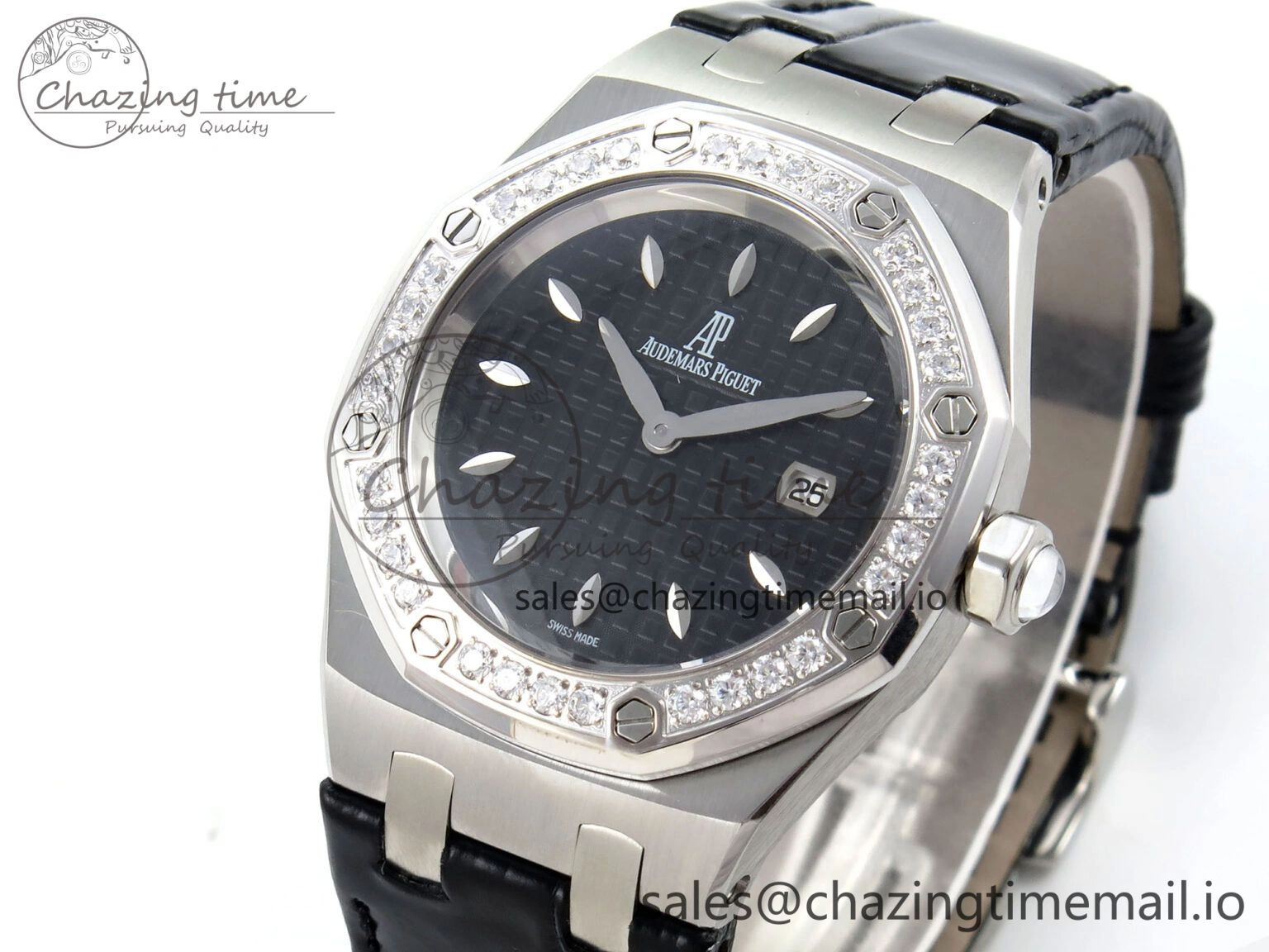 Royal Oak Offshore Ladies 33mm SS DRF Best Edition Black Dial Diamonds Bezel on Black Leather Strap ETA Quartz