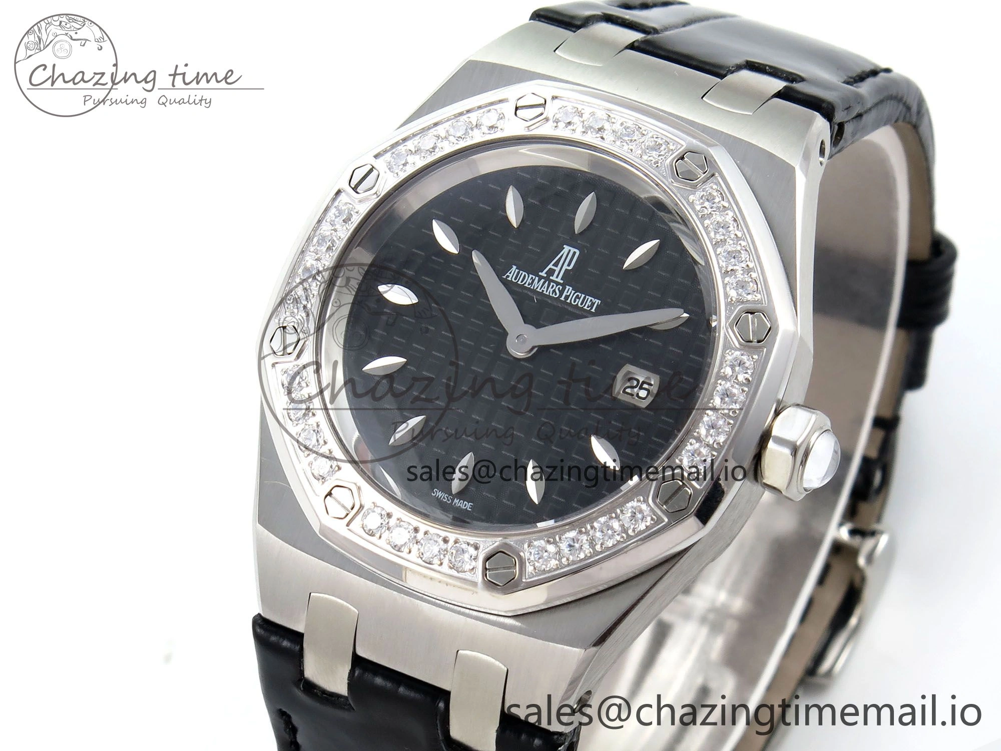 Royal Oak Offshore Ladies 33mm SS DRF Best Edition Black Dial Diamonds Bezel on Black Leather Strap ETA Quartz