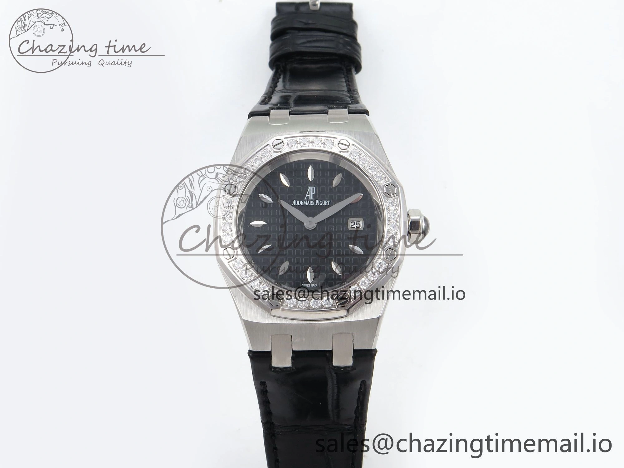 Royal Oak Offshore Ladies 33mm SS DRF Best Edition Black Dial Diamonds Bezel on Black Leather Strap ETA Quartz