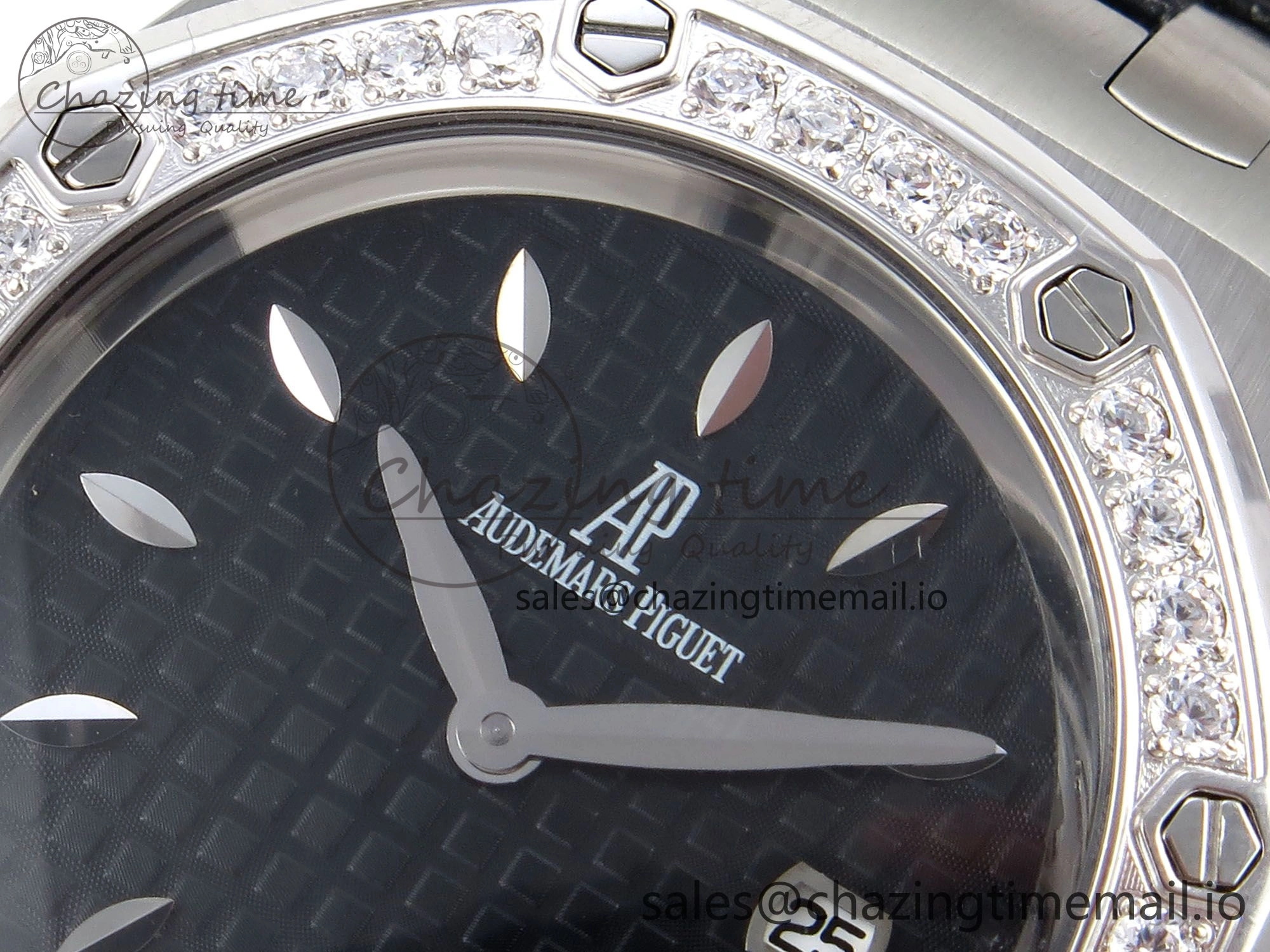 Royal Oak Offshore Ladies 33mm SS DRF Best Edition Black Dial Diamonds Bezel on Black Leather Strap ETA Quartz