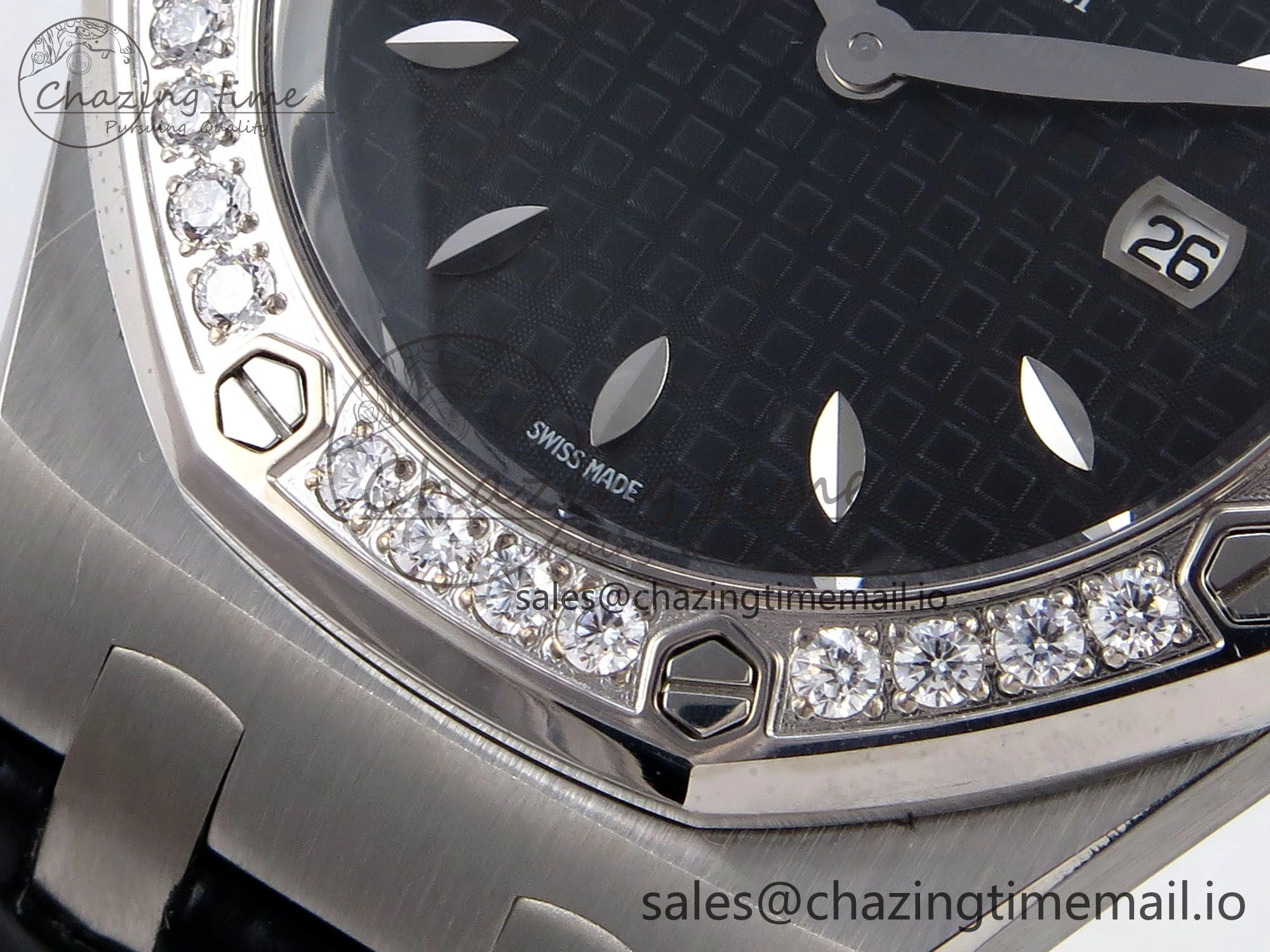 Royal Oak Offshore Ladies 33mm SS DRF Best Edition Black Dial Diamonds Bezel on Black Leather Strap ETA Quartz