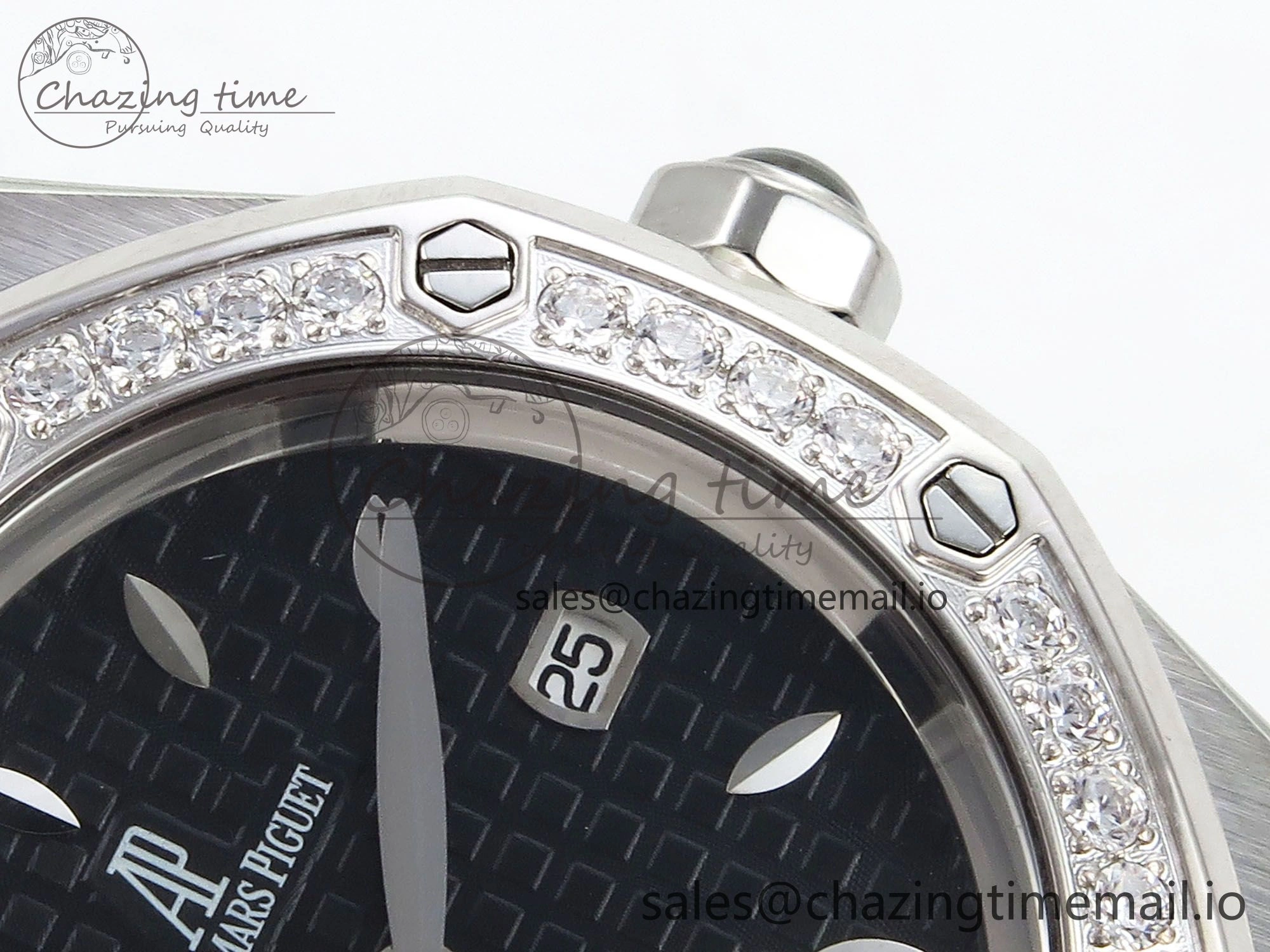 Royal Oak Offshore Ladies 33mm SS DRF Best Edition Black Dial Diamonds Bezel on Black Leather Strap ETA Quartz