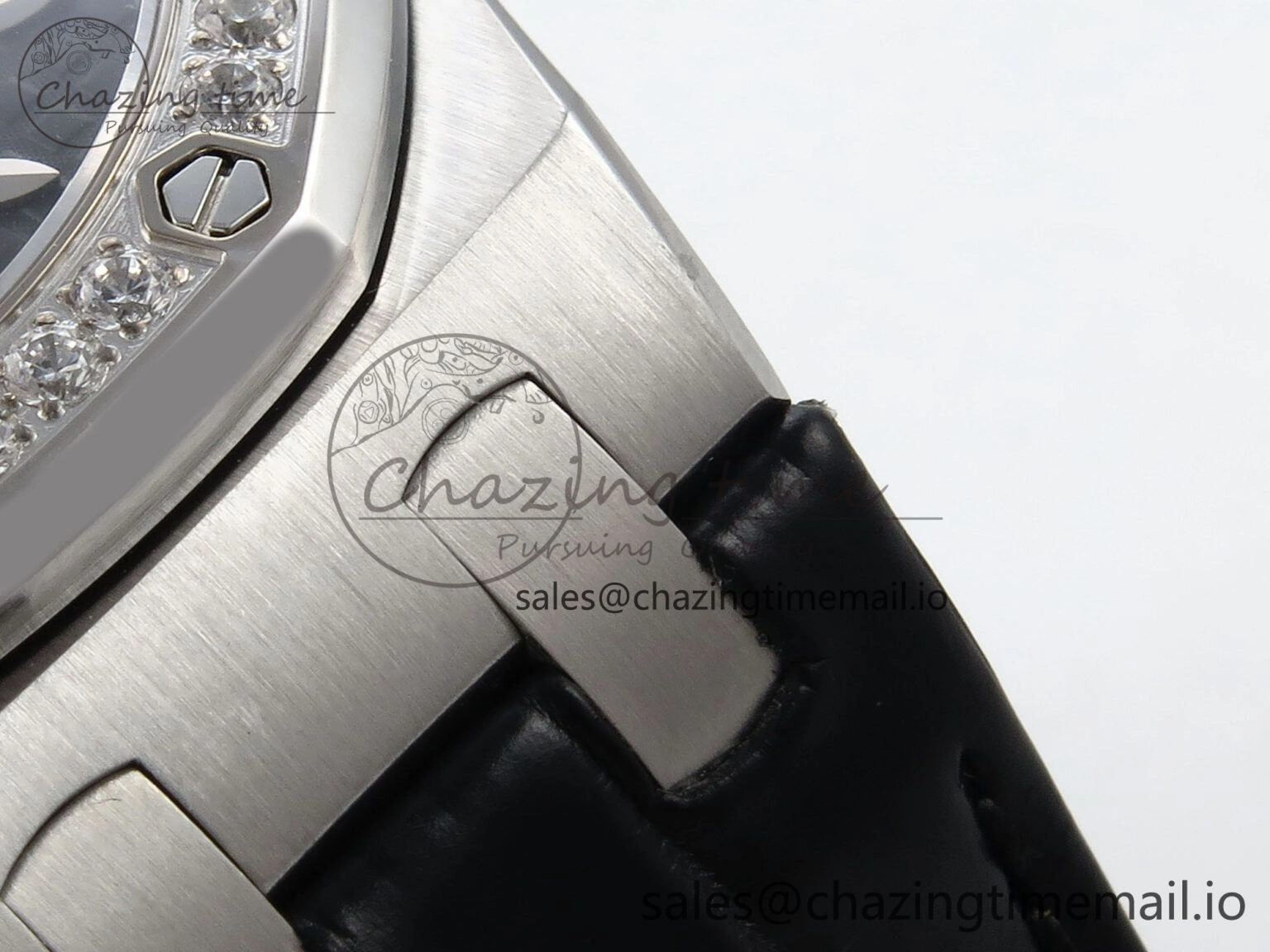 Royal Oak Offshore Ladies 33mm SS DRF Best Edition Black Dial Diamonds Bezel on Black Leather Strap ETA Quartz